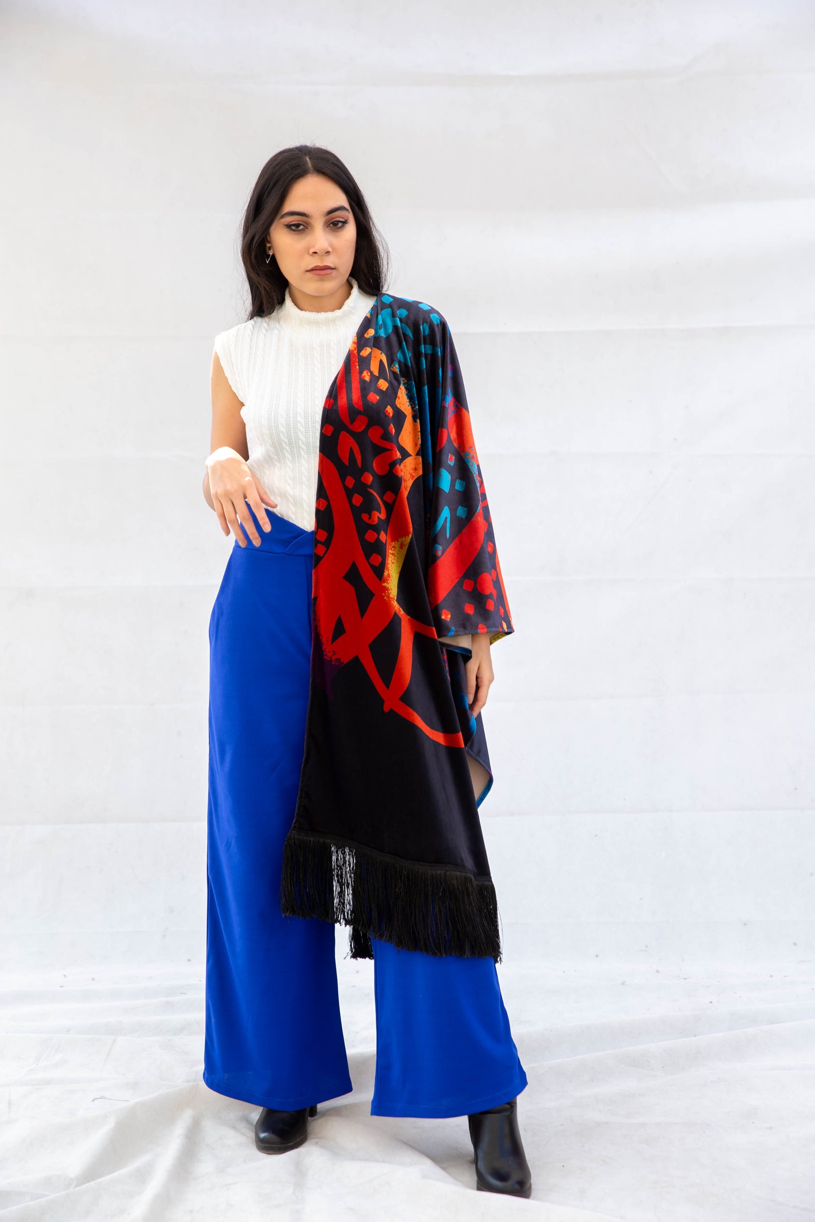 Artwork Velvet Shawl with fringes  - Black