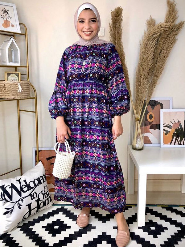 The Floral puffy sleeve dress- Navy Blue