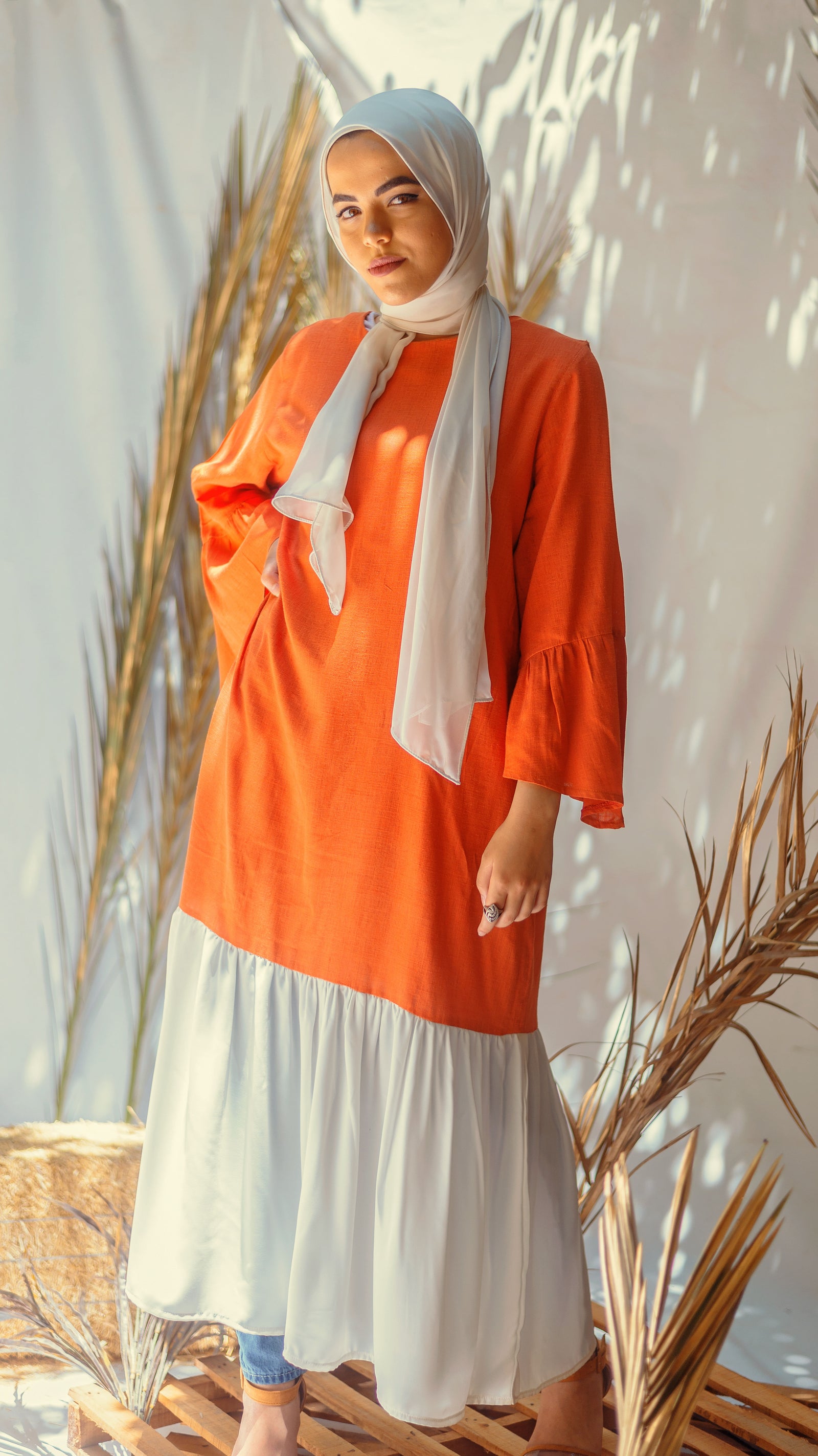 Orange And White Linen Dress