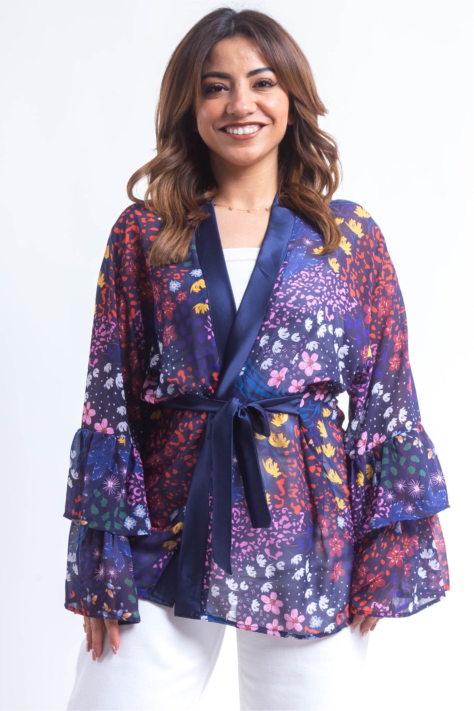 Floral Ruffled chiffon Kimono - Navy Blue