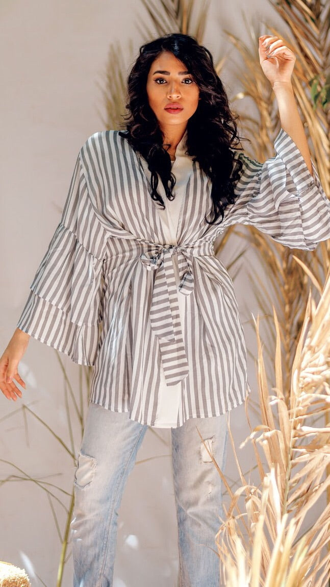 Striped Ruffled Kimono - Grey