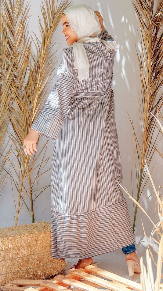 Striped White & Grey Linen Dress