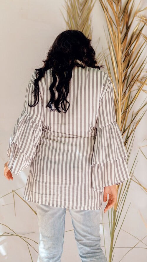Striped Ruffled Kimono - Grey