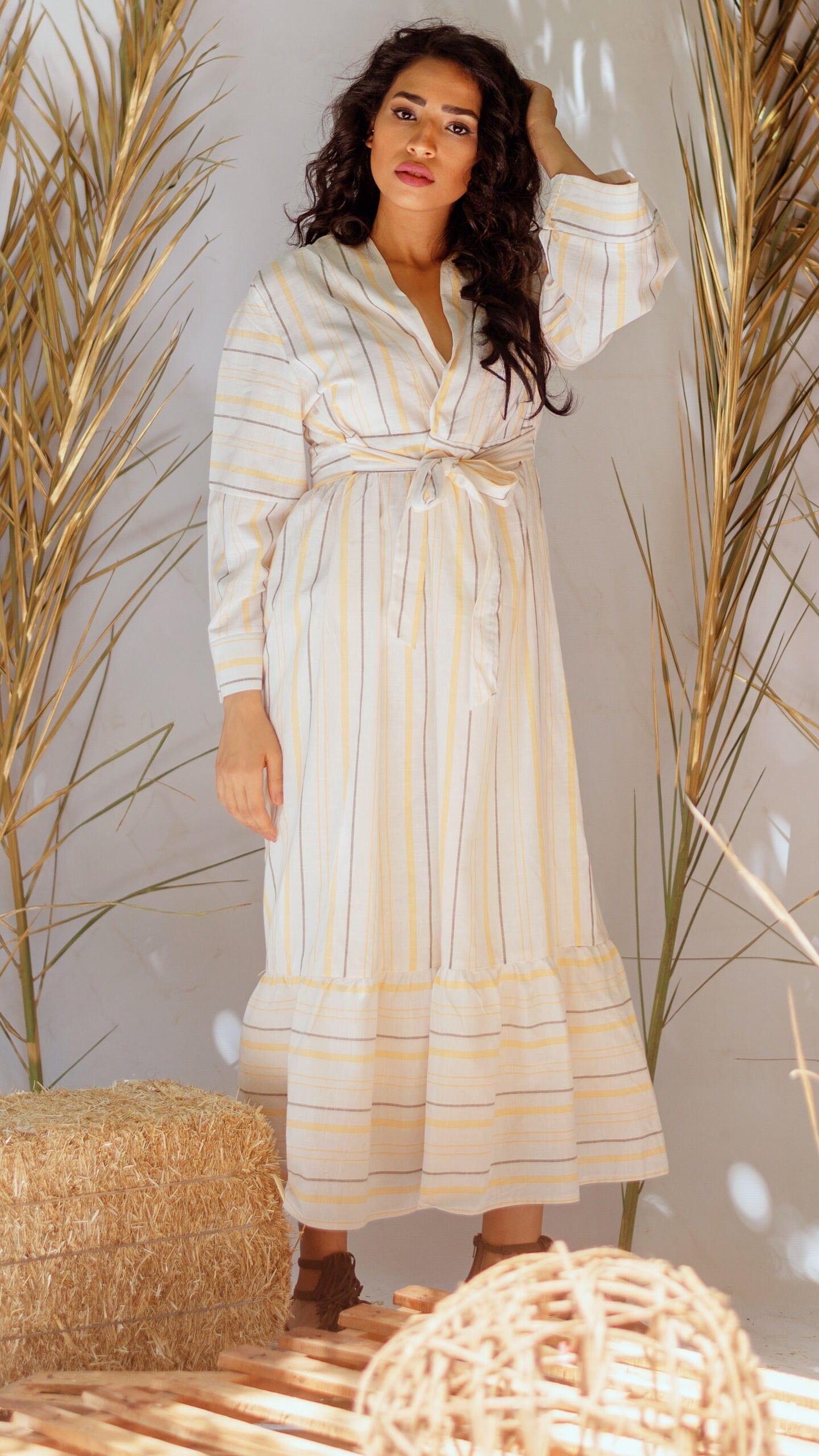 Striped Yellow & Grey Linen Dress