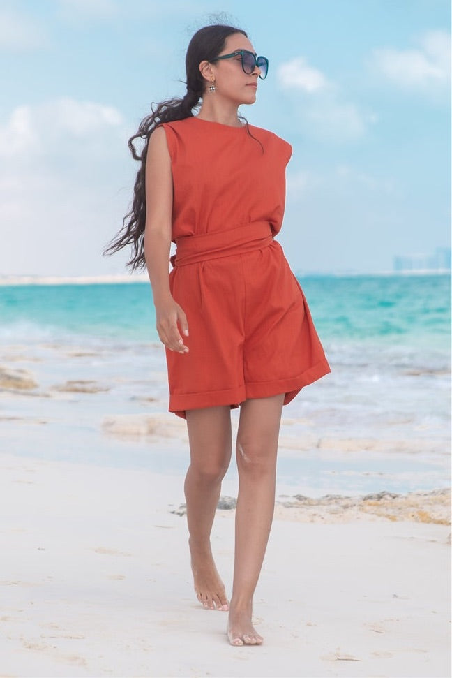 Sleeveless linen Jumpsuit - Orange